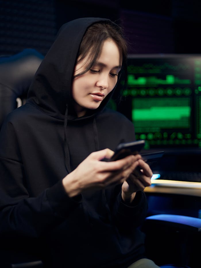 An Asian woman wearing a black hoodie uses a smartphone indoors near a computer screen.